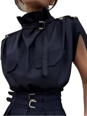 Women’s Satin Navy High-Neck Buckle Detail Top